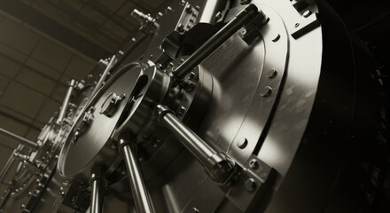 Close-up view of a large, metallic vault door, intricate machinery and details