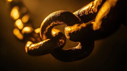Close up of heavily rusted and darkened old iron chain links with intricate texture and symbolic meaning