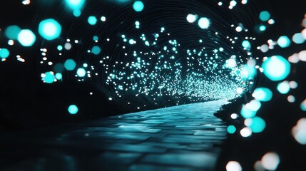 Fiber optic cables glow with blue light in a digital tunnel representing data transmission and communication networks