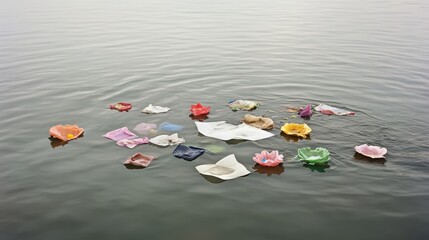 Colorful floating fragments of plastic sheeting debris scattered across the calm water surface