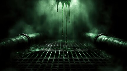 Corrosive green liquid dripping from industrial pipes onto a metal grate floor with dark smoky atmosphere