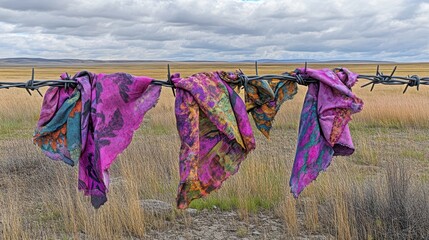 Colorful fabric scraps caught on barbed wire fence in a dry grassy field under a cloudy sky