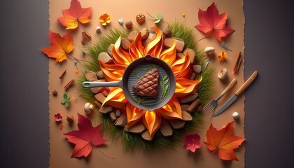 Overhead View of a Steak Sizzling in a Pan Surrounded by Paper Cutout Autumn Decor