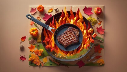 Overhead View of a Steak Sizzling in a Pan Surrounded by Paper Cutout Autumn Decor