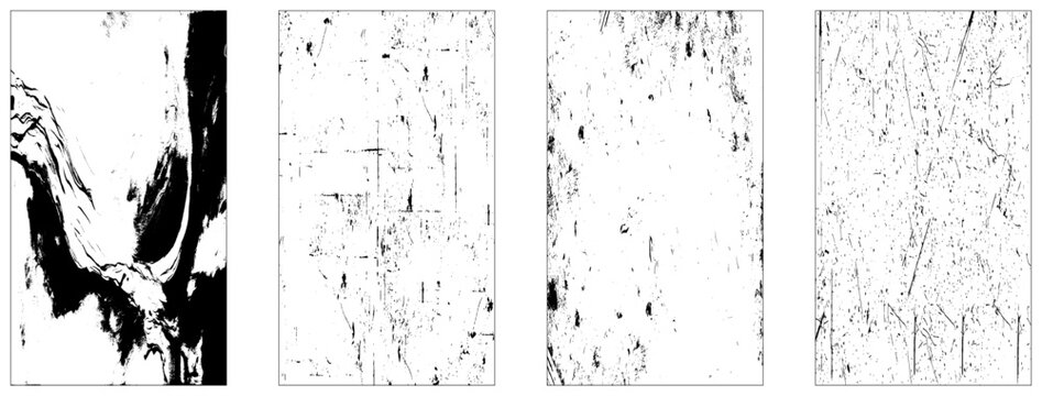 Set of distressed backgrounds with old wall dust. Grunge monochrome vector overlay effect for aged dry surface look.