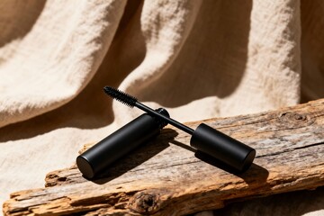 Generative AI Stylish Black Mascara Brush on Rustic Wood Surface