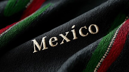 Textured fabric showing the word Mexico with green and red stripes  