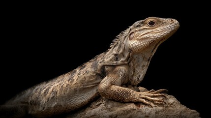 Fototapeta premium Lizard resting on rock in dramatic lighting against black background 