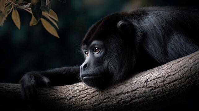 Black howler monkey resting on tree branch in natural habitat  