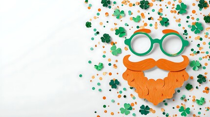 Fototapeta premium St patrick s day festive arrangement with glasses beard and clover confetti