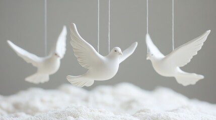 Delicate white ceramic doves in graceful flight suspended by thin threads