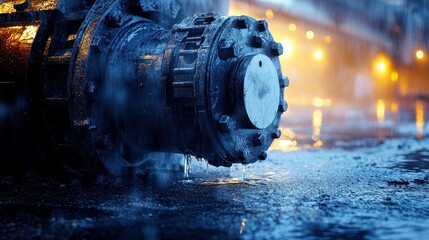 Close up of a large industrial pump engine with water dripping onto the wet ground reflecting warm lights