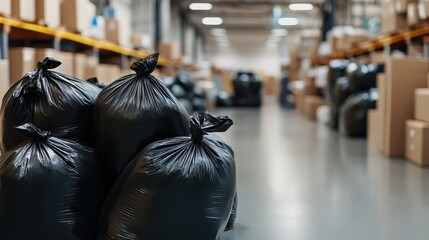 Collection of black biohazard disposal bags stacked carefully in a large warehouse with shelves and boxes in the background