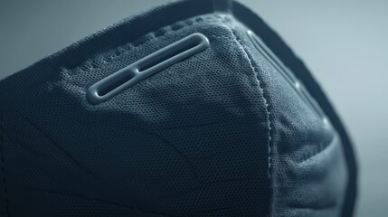 Detailed close up of the textured fabric surface of a disposable blue respirator mask showing its woven material and stitching for protection