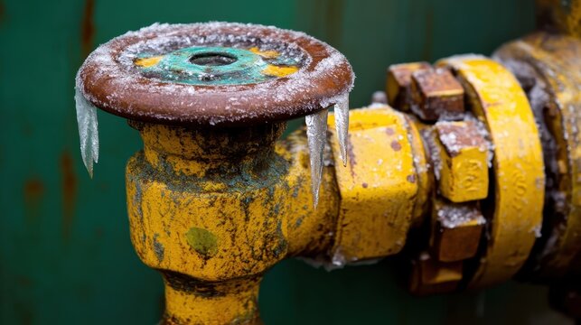 Frozen moisture and icicles clinging to a deactivated industrial gas valve with rusty yellow metal components