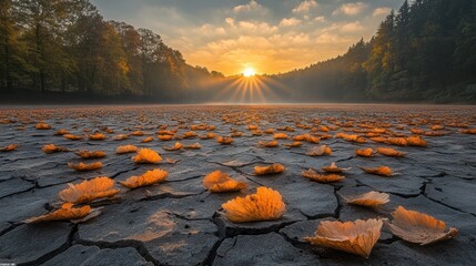 Golden sunrise illuminates scattered brittle autumn leaves on cracked dry earth in a serene forest landscape