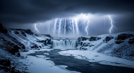 Dramatic snowy landscape with waterfall and lightning storm with nature and thunderstorm and winter and cold and weather and rocky and scenic