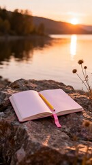Generative AI Tranquil Sunset Over Lake with Open Journal and Nature Scene