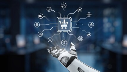 A futuristic robotic hand interacts with various digital shopping icons, symbolizing the integration of technology within e-commerce and modern retail environments. Synapse