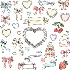 Delicate hand-drawn vintage collection featuring pastel bows, lace hearts, elegant ribbons, and charming dessert illustrations for romantic designs