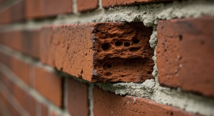 Close-up view of a section of a brick wall.  A gap is visible between bricks