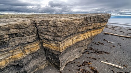 Eroded coastal cliff face with layers under a cloudy sky