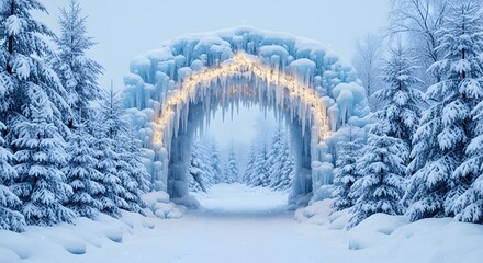 Snowy forest path with illuminated ice archway between snow covered pine trees in winter landscape with soft blue light with nature and magical