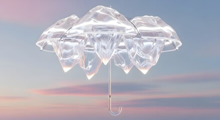 Transparent umbrella against serene sunset sky with pink clouds, clear plastic canopy, modern rain protection with weather and storm and cloudy
