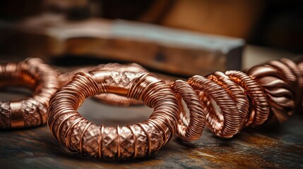 Intricately coiled copper wire forms textured rings with a warm metallic sheen on a wooden surface