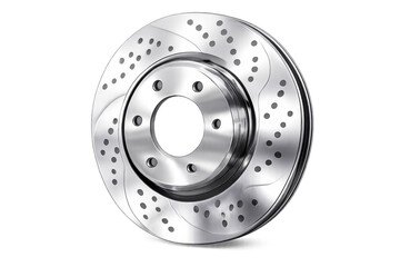 Car brake disc rotor, steel metal automotive part, perforated performance braking system, transparent background