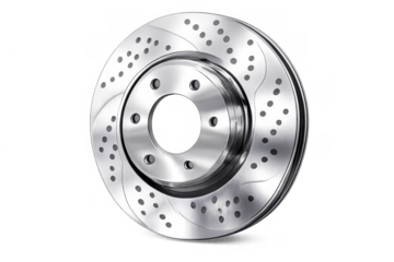 Car brake disc rotor, steel metal automotive part, perforated performance braking system, transparent background