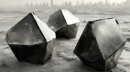 Jagged obsidian shards resting on a sandy surface with city backdrop