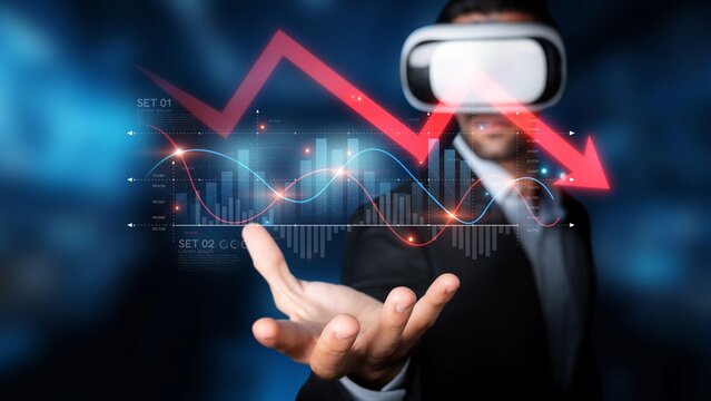 A businessman wearing virtual reality glasses engages with digital financial graphs and market trends, showcasing the integration of technology in modern analysis and strategies. Raster - Powered by Adobe