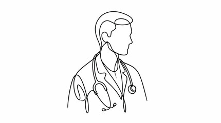 Fototapeta premium Minimalist continuous line drawing of a healthcare professional wearing a lab coat and stethoscope, symbolizing medical expertise, patient care, and modern healthcare services