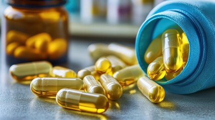 Golden vitamin and mineral supplement capsules spill from a blue container on a reflective surface with blurred bottles in the background
