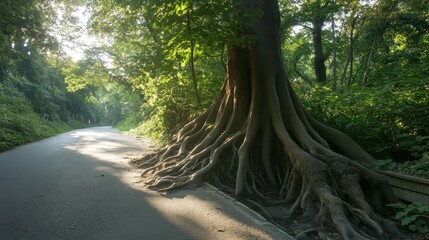 Gnarled ancient tree roots powerfully bursting through the asphalt road in a sunlit forest