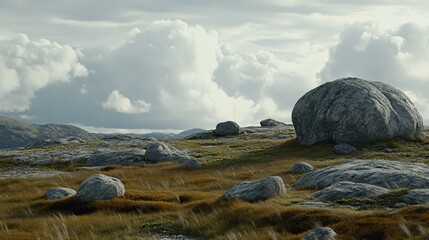 Large natural boulders and stones scattered across a grassy rocky landscape under a cloudy sky