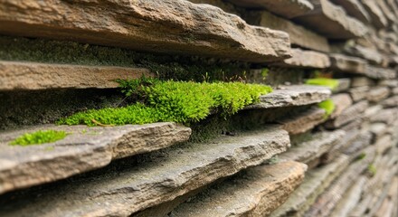Close-up view of a stone wall with layers of varying shades of brown and gray stone, interspersed with patches of vibrant green moss