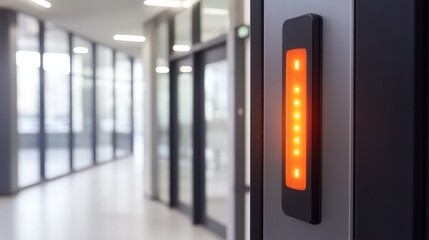 Illuminated red orange emergency alarm button device with lights indicating status on a building wall in a modern hallway