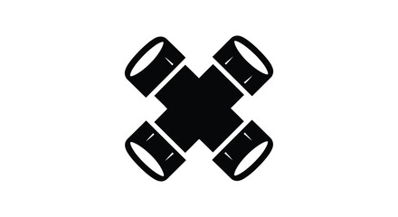 a striking black graphic of a cross shaped design with cylindrical forms a bold silhouette