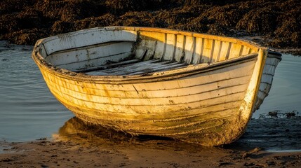 Old weathered wooden rowboat resting on muddy seabed