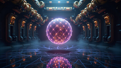 Macro close-up of a glowing artificial intelligence core sphere emitting purple plasma. Future energy background.
