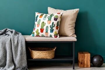 Generative AI Vibrant Indoor Decor with Cactus Pattern Cushions and Elegant Accents
