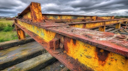 Oxidized steel support beams of a collapsed industrial structure showing extensive rust and decay under an overcast sky