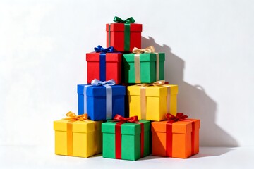 Generative AI Vibrant Gift Box Stack Display with Bright Colors and Ribbons