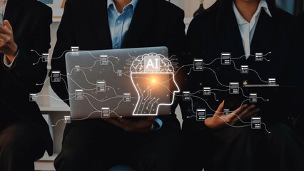 A professional team collaborates in a modern workspace, focusing on artificial intelligence, using devices to enhance innovation and productivity in technology development. Raster