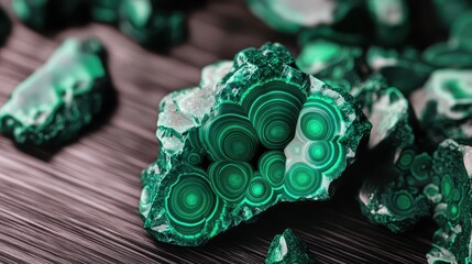 Polished malachite stones display distinctive concentric green patterns and textures on a wooden surface