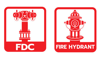 Red safety sign icons showing Fire Department Connection (FDC) and Fire Hydrant symbols. Ideal for fire safety signage, emergency systems, manuals, and building safety graphics