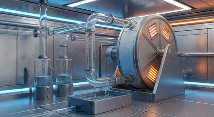 Futuristic water filtration system in a laboratory. Industrial distillation equipment with glass pipes, clean water, and rotating mechanical parts in a high-tech facility