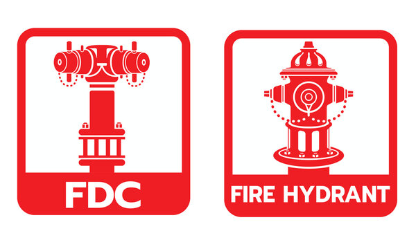 Red safety sign icons showing Fire Department Connection (FDC) and Fire Hydrant symbols. Ideal for fire safety signage, emergency systems, manuals, and building safety graphics